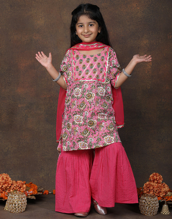 Pink Katha Kurti with Pink sharara pant and dupatta
