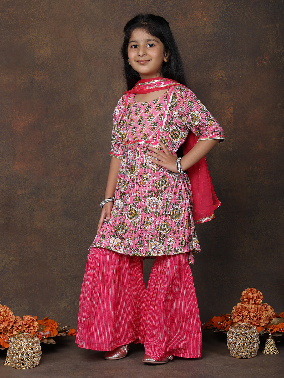 Pink Katha Kurti with Pink sharara pant and dupatta