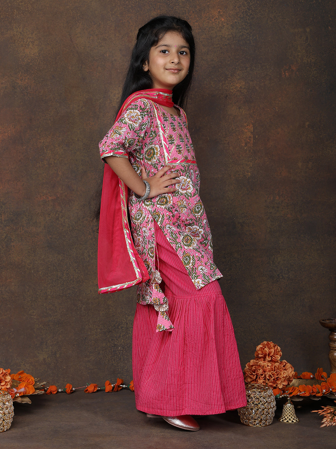 Pink Katha Kurti with Pink sharara pant and dupatta