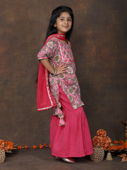 Pink Katha Kurti with Pink sharara pant and dupatta
