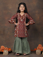 Maroon 3/4 sleeves printed Kurti with Green sharara pant