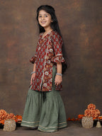 Maroon 3/4 sleeves printed Kurti with Green sharara pant