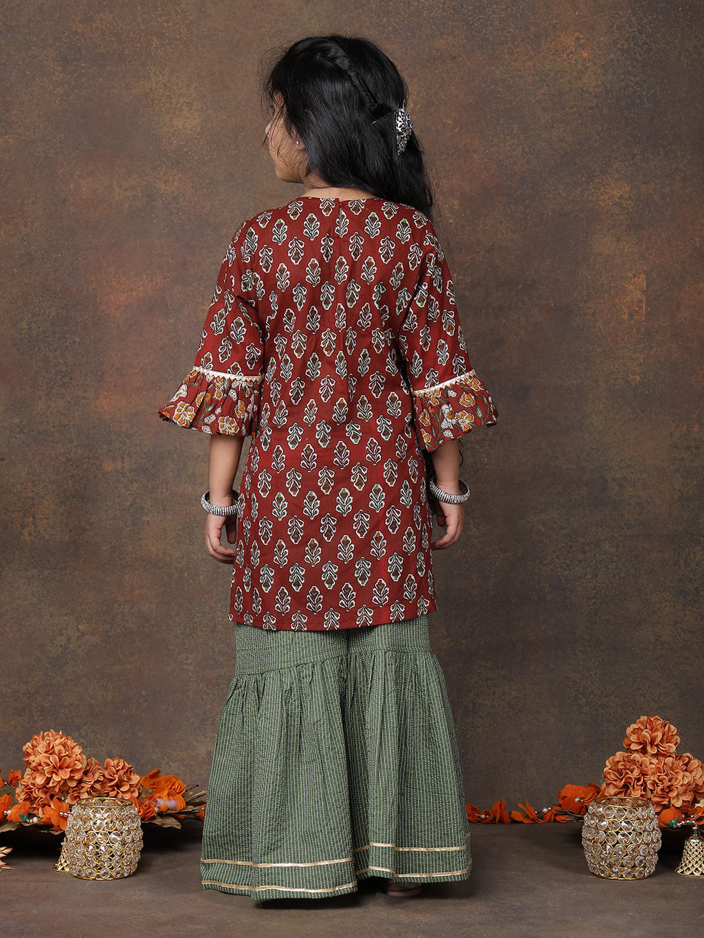Maroon 3/4 sleeves printed Kurti with Green sharara pant