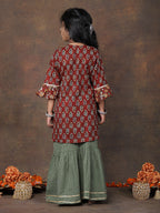 Maroon 3/4 sleeves printed Kurti with Green sharara pant