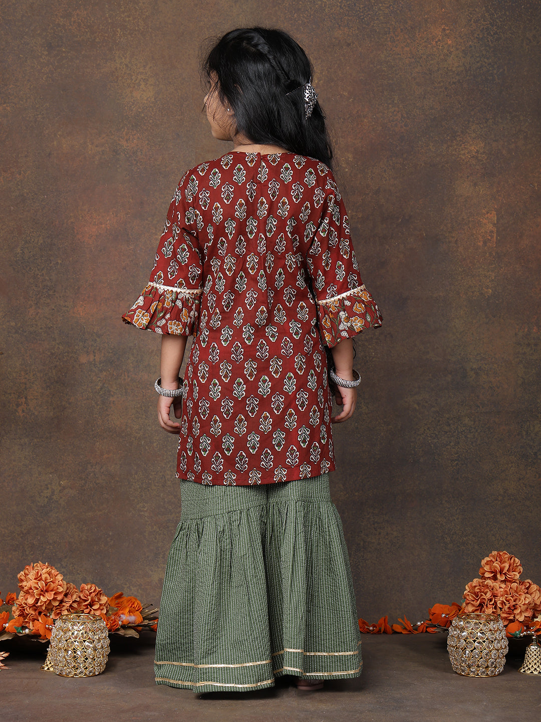 Maroon 3/4 sleeves printed Kurti with Green sharara pant