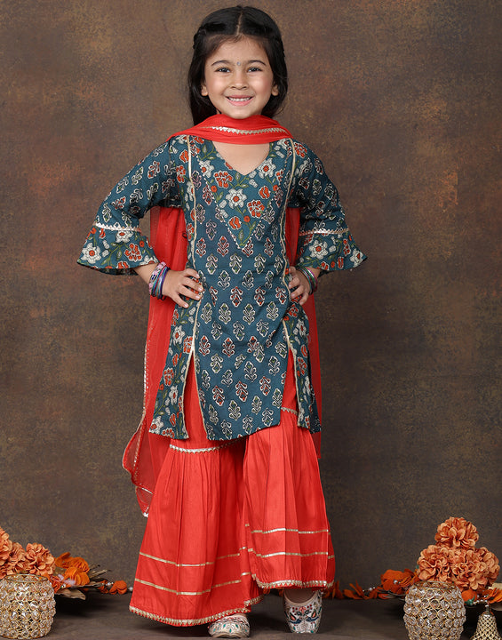Blue 3/4 sleeves printed Kurti with Red sharara pant and dupatta