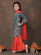 Blue 3/4 sleeves printed Kurti with Red sharara pant and dupatta