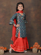 Blue 3/4 sleeves printed Kurti with Red sharara pant and dupatta