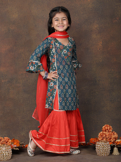 Blue 3/4 sleeves printed Kurti with Red sharara pant and dupatta