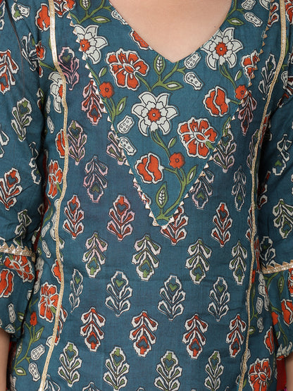 Blue 3/4 sleeves printed Kurti with Red sharara pant and dupatta
