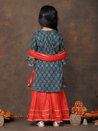 Blue 3/4 sleeves printed Kurti with Red sharara pant and dupatta