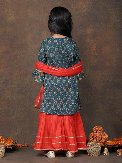 Blue 3/4 sleeves printed Kurti with Red sharara pant and dupatta