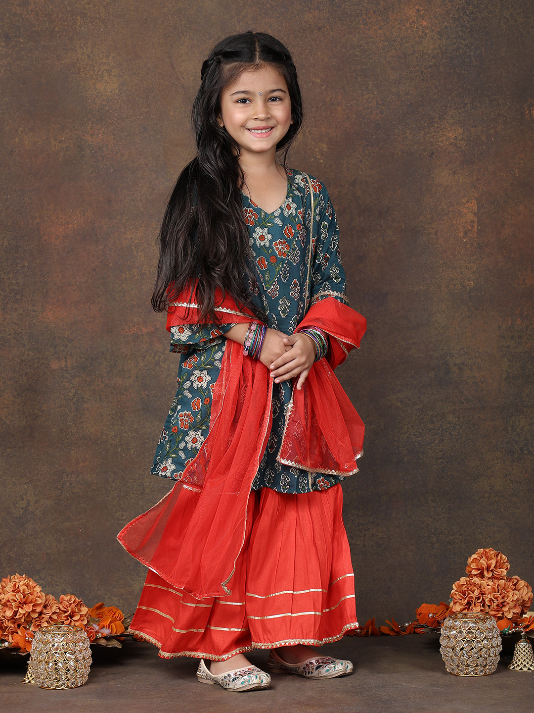 Blue 3/4 sleeves printed Kurti with Red sharara pant and dupatta