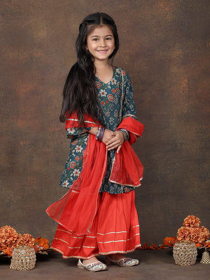Blue 3/4 sleeves printed Kurti with Red sharara pant and dupatta
