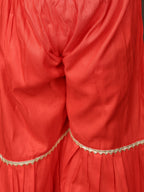 Blue 3/4 sleeves printed Kurti with Red sharara pant and dupatta