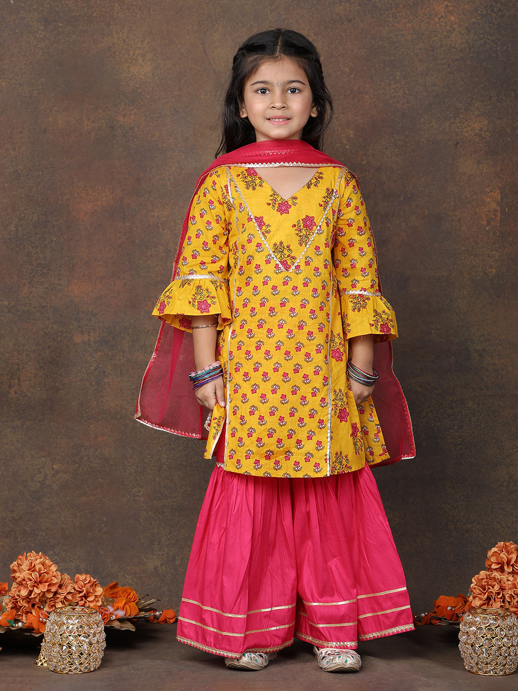 Yellow 3/4 sleeves printed Kurti with Pink sharara pant and dupatta