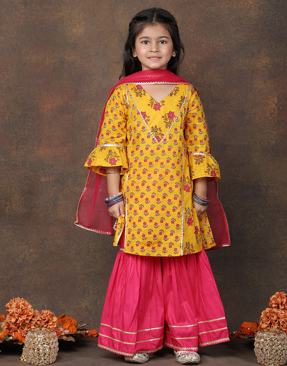 Yellow 3/4 sleeves printed Kurti with Pink sharara pant and dupatta
