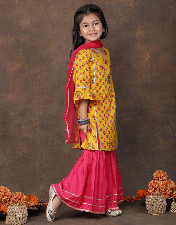 Yellow 3/4 sleeves printed Kurti with Pink sharara pant and dupatta