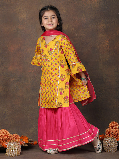 Yellow 3/4 sleeves printed Kurti with Pink sharara pant and dupatta