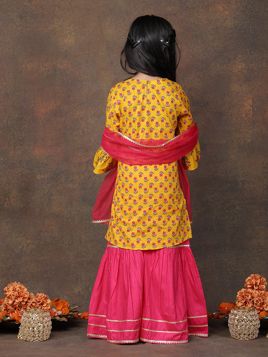 Yellow 3/4 sleeves printed Kurti with Pink sharara pant and dupatta
