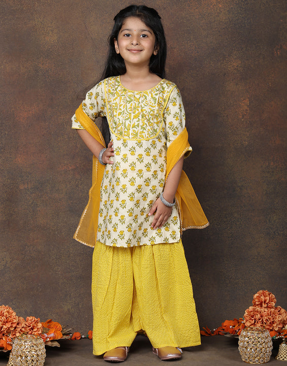 Yellow Kurti with Yellow sharara pant and dupatta