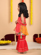 Red bandez printed Crushed sleeveless kurti with red sharara and dupatta