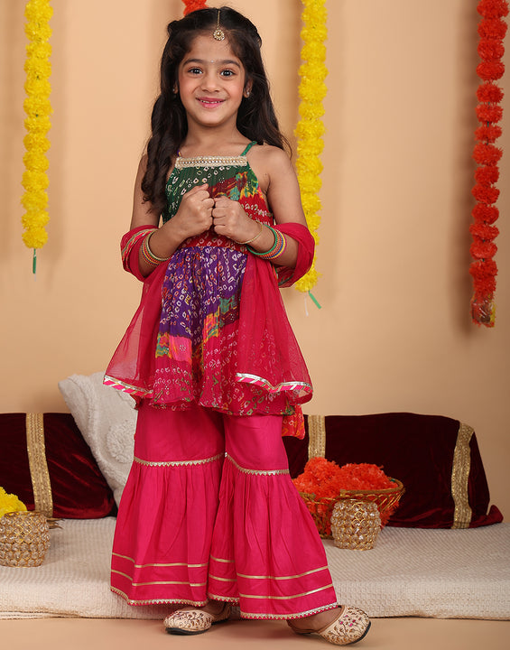 Pink bandez printed Crushed sleeveless kurti with Pink sharara and dupatta