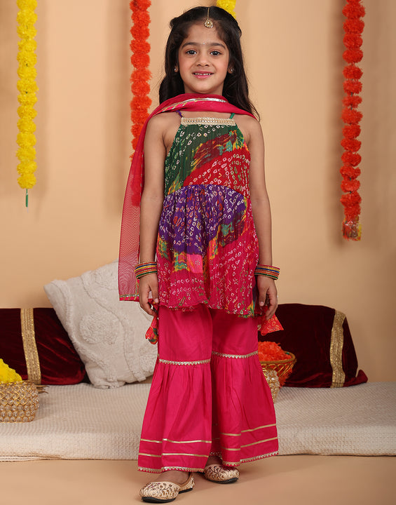 Pink bandez printed Crushed sleeveless kurti with Pink sharara and dupatta
