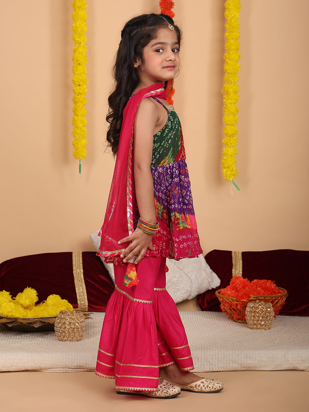 Pink bandez printed Crushed sleeveless kurti with Pink sharara and dupatta