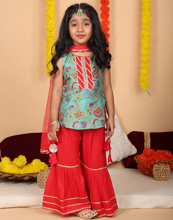Green printed sleeveless kurti with Red sharara and dupatta