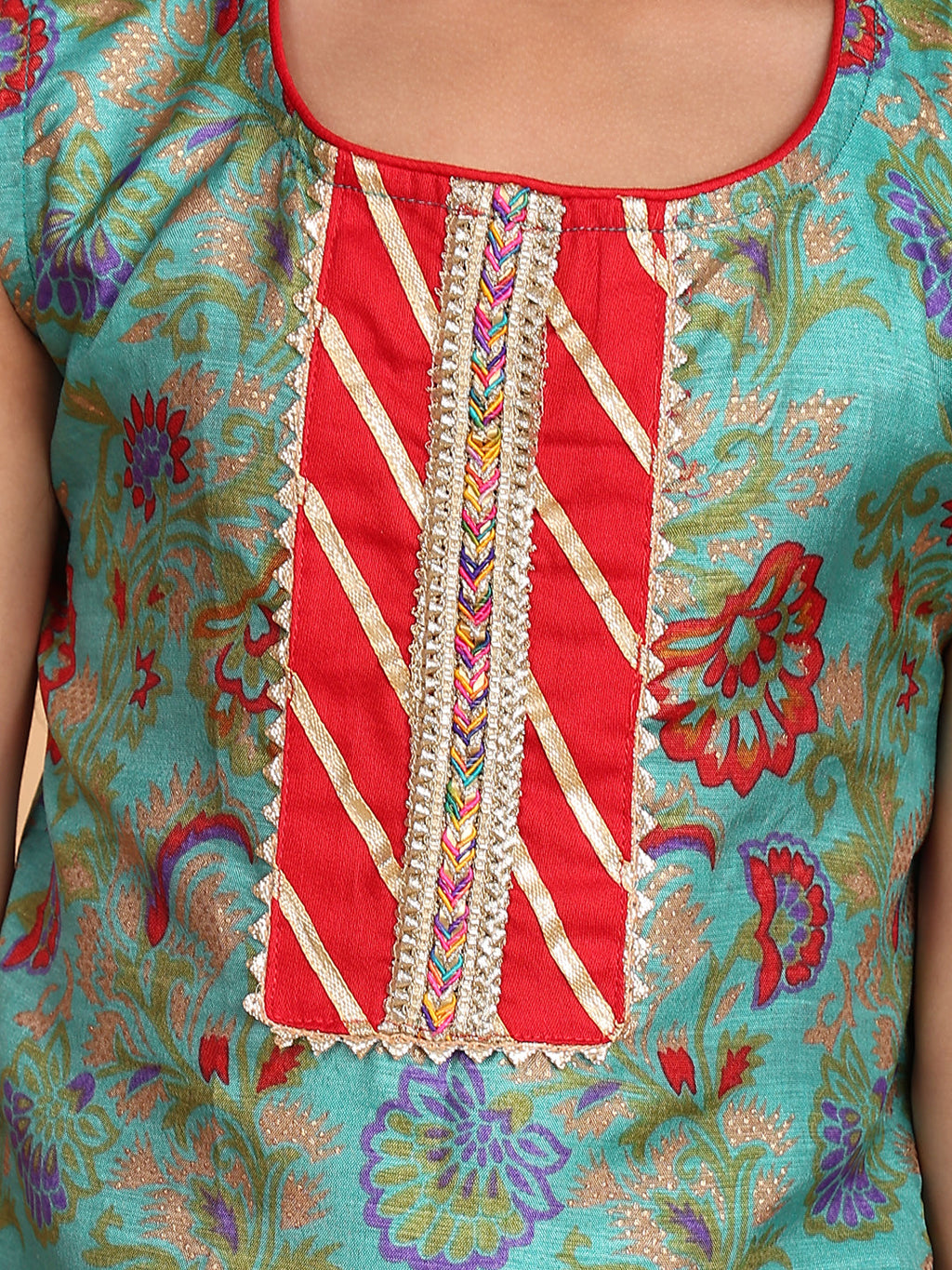 Green printed sleeveless kurti with Red sharara and dupatta