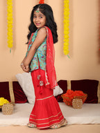 Green printed sleeveless kurti with Red sharara and dupatta