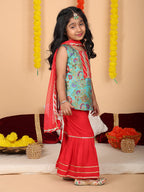 Green printed sleeveless kurti with Red sharara and dupatta
