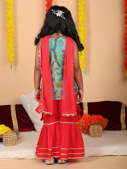 Green printed sleeveless kurti with Red sharara and dupatta