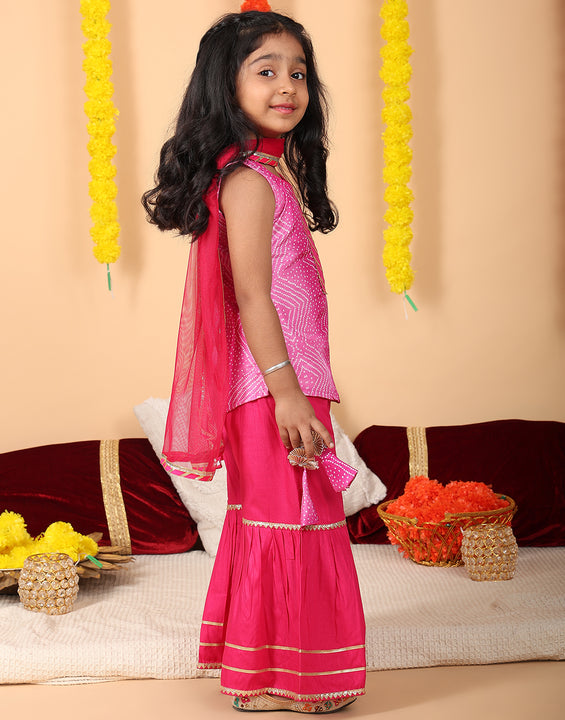 Pink sleeveless kurti with Pink sharara and dupatta