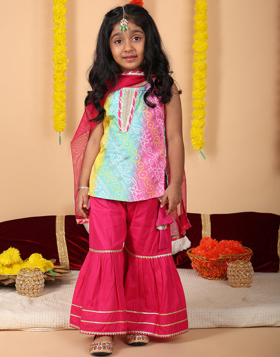 Multi Color printed sleeveless kurti with Pink sharara and dupatta