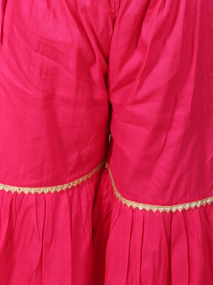 Multi Color printed sleeveless kurti with Pink sharara and dupatta
