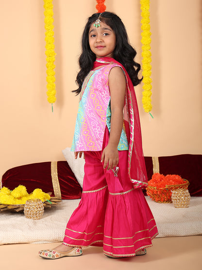 Multi Color printed sleeveless kurti with Pink sharara and dupatta