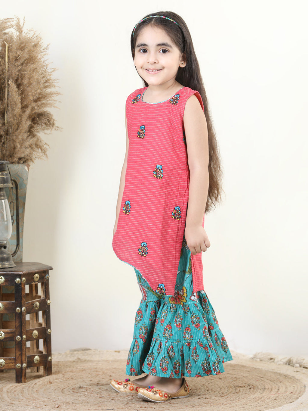 Peach Embroidered Katha Kurta & Floral Print Flared Sharara