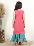 Peach Embroidered Katha Kurta & Floral Print Flared Sharara
