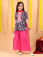 Blue 3/4 sleeves printed Kurti with Pink Sharara pant and dupatta