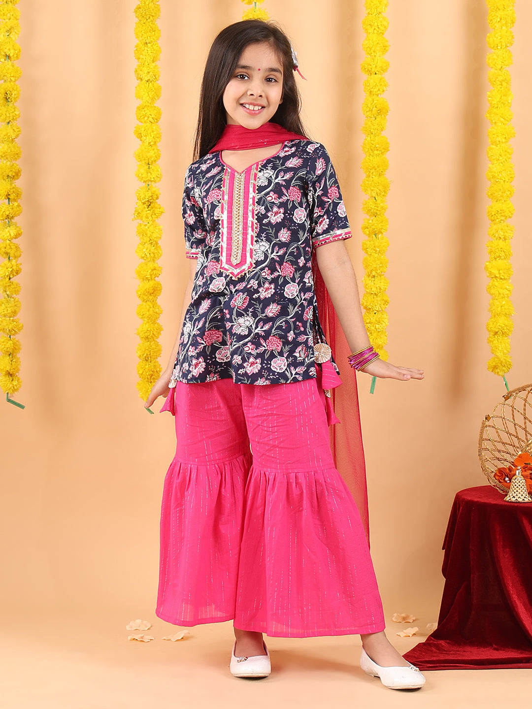 Blue 3/4 sleeves printed Kurti with Pink Sharara pant and dupatta