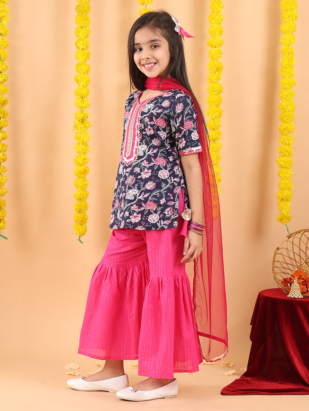 Blue 3/4 sleeves printed Kurti with Pink Sharara pant and dupatta