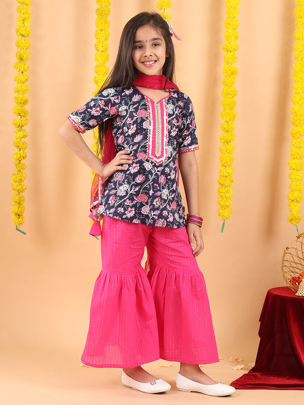 Blue 3/4 sleeves printed Kurti with Pink Sharara pant and dupatta