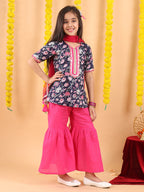 Blue 3/4 sleeves printed Kurti with Pink Sharara pant and dupatta