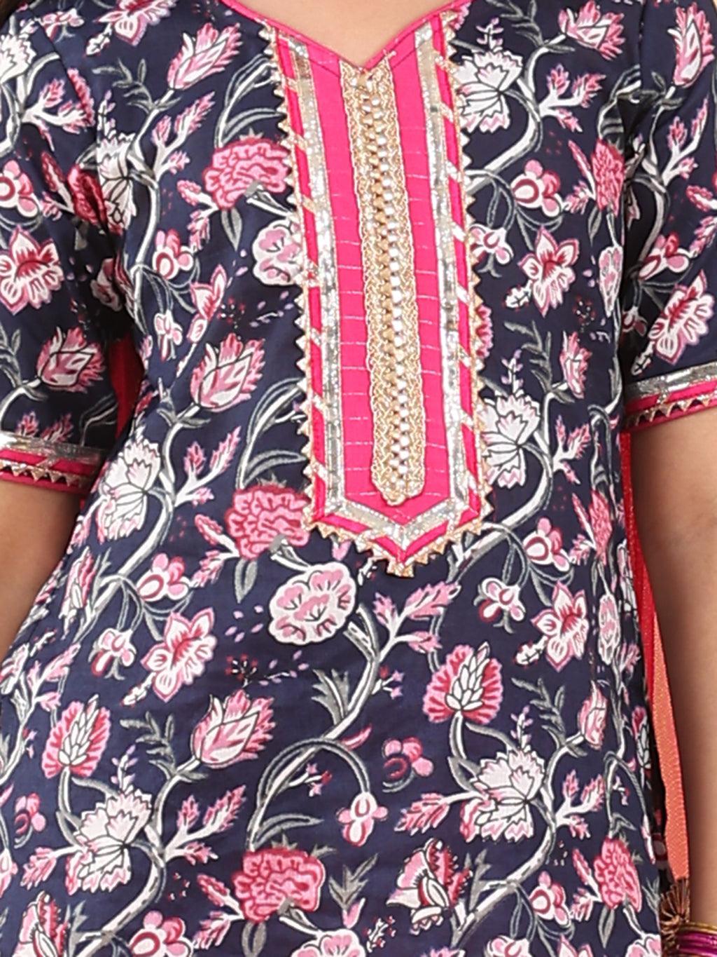 Blue 3/4 sleeves printed Kurti with Pink Sharara pant and dupatta