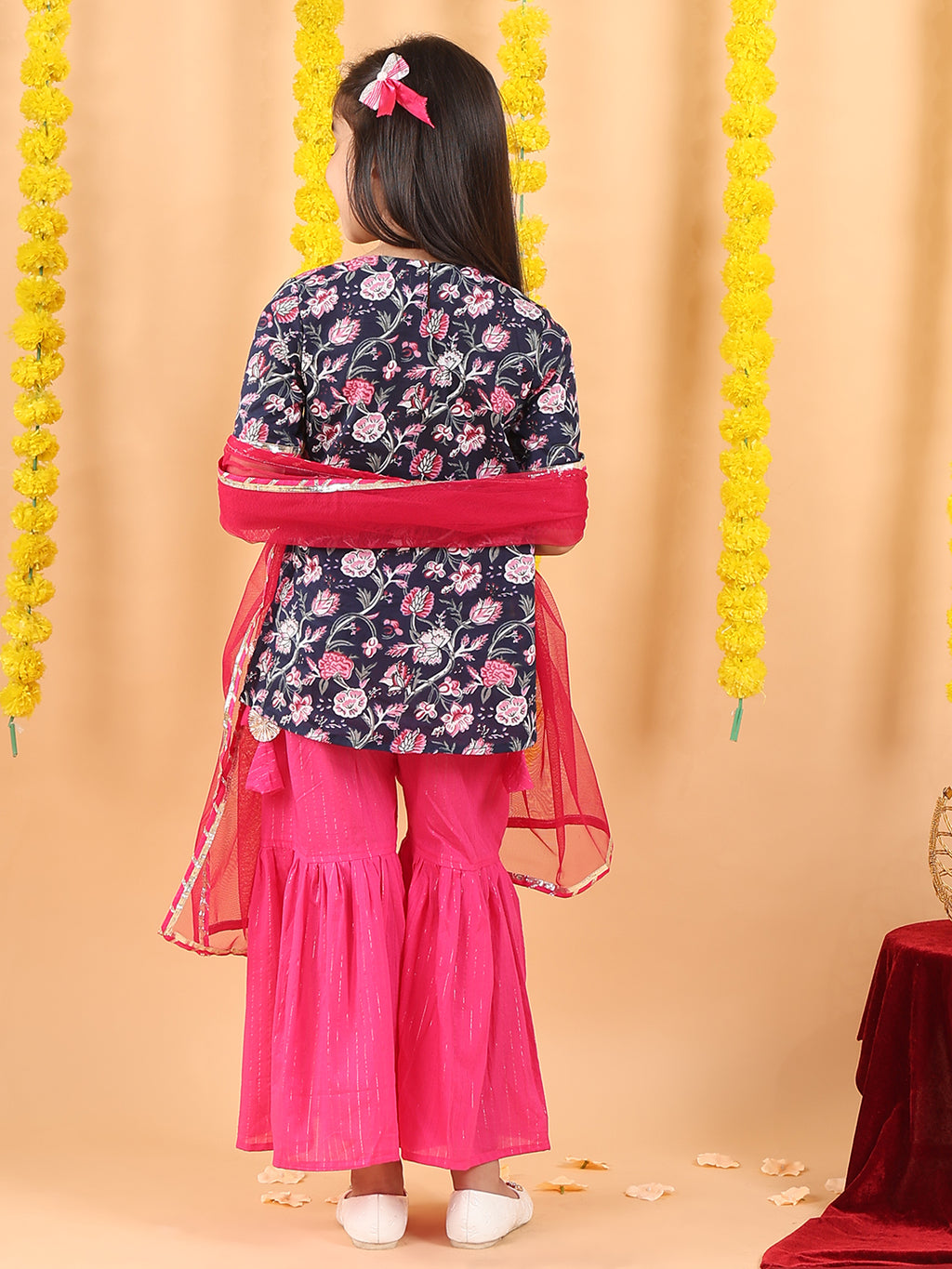 Blue 3/4 sleeves printed Kurti with Pink Sharara pant and dupatta