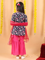 Blue 3/4 sleeves printed Kurti with Pink Sharara pant and dupatta