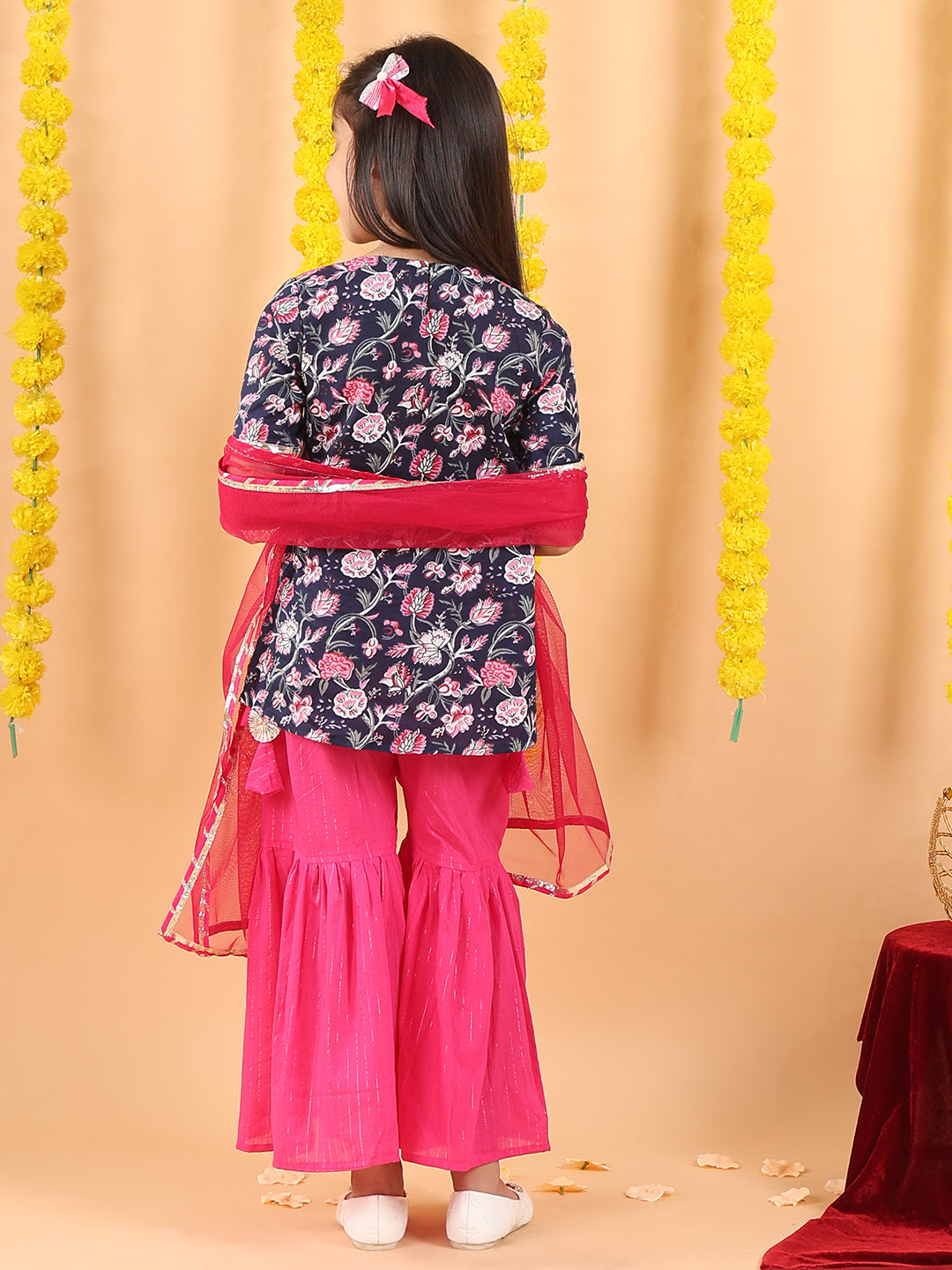 Blue 3/4 sleeves printed Kurti with Pink Sharara pant and dupatta