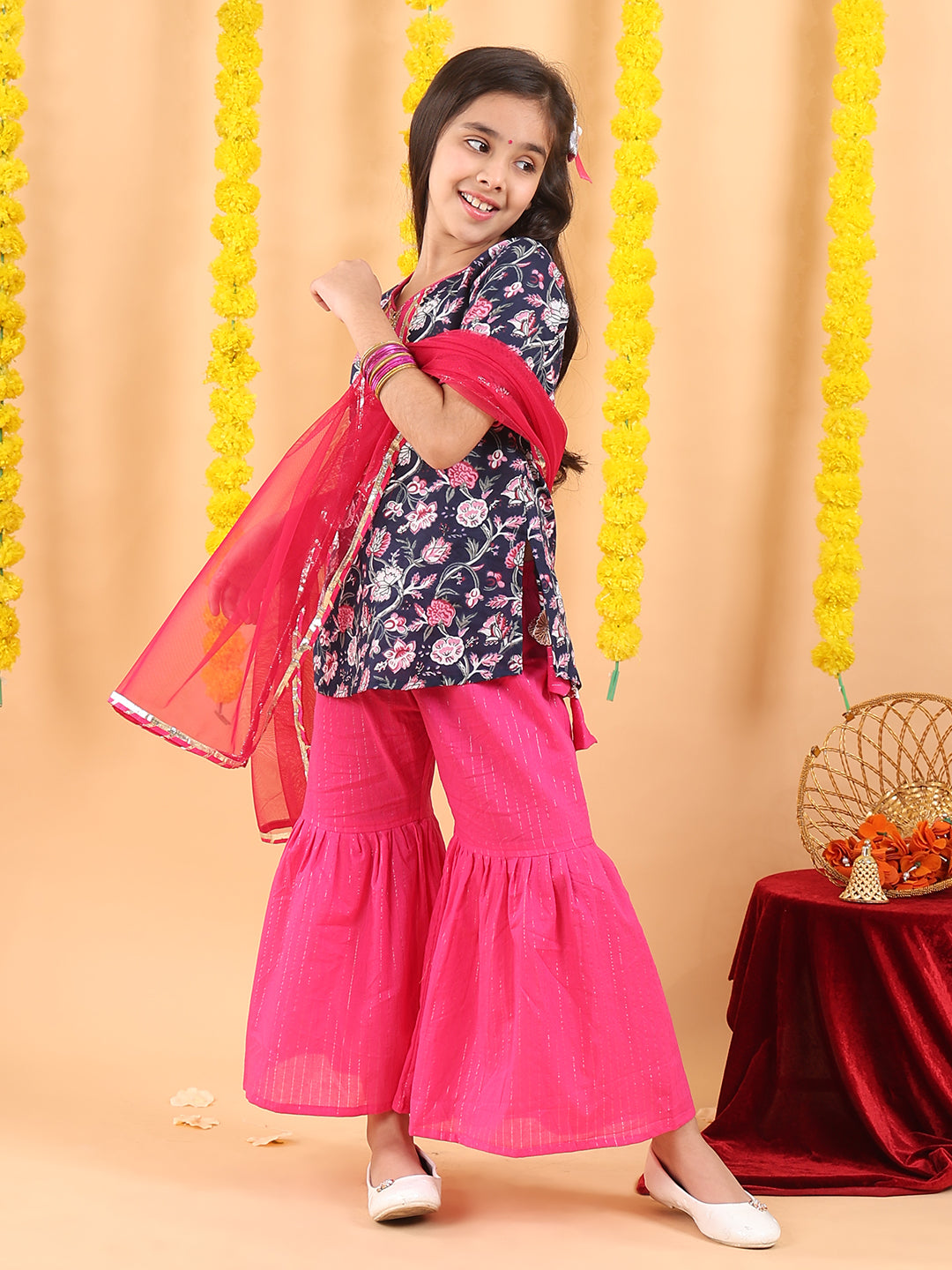 Blue 3/4 sleeves printed Kurti with Pink Sharara pant and dupatta